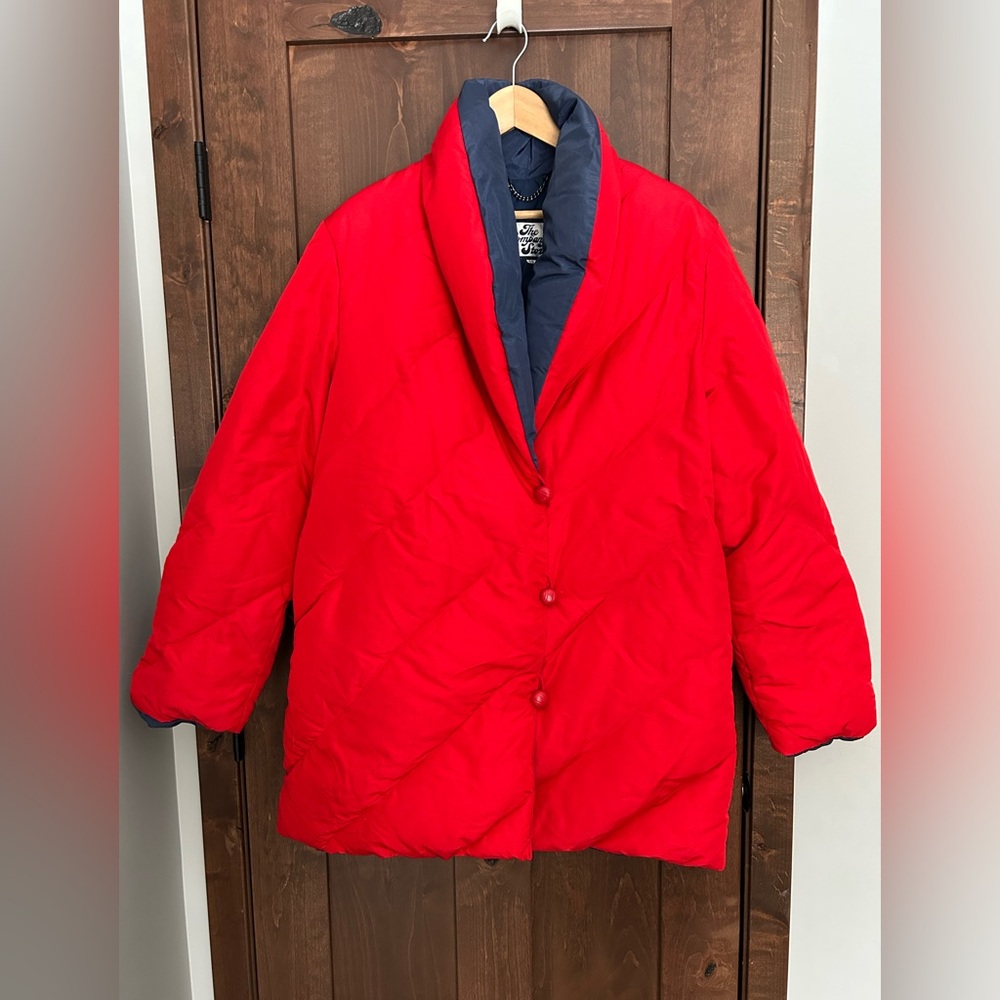 The Company Store Red and Navy Down Quilted Women's Puffer Jacket